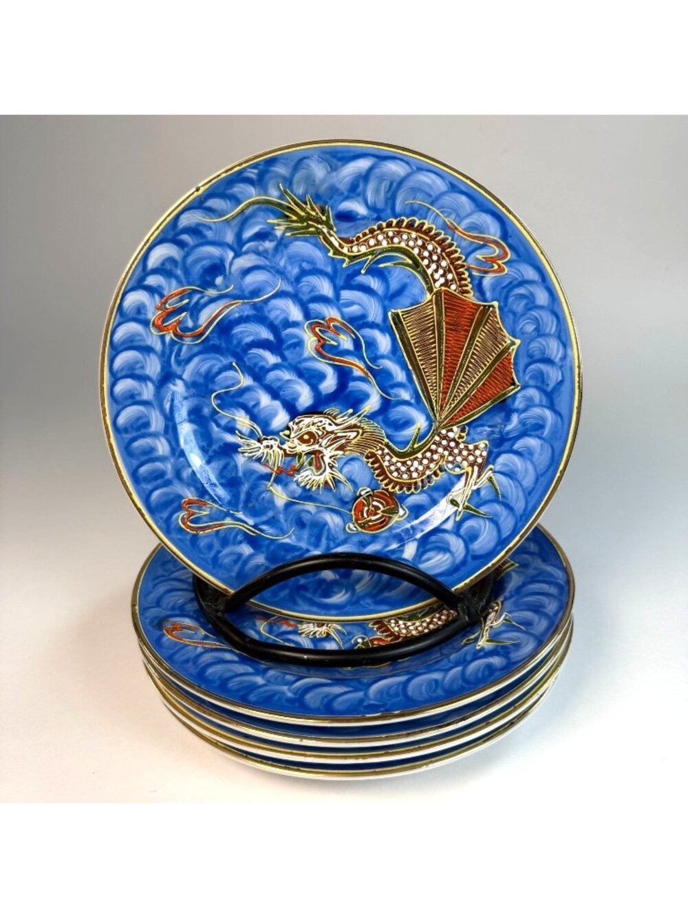 Vintage Japanese Dragon Ware Set Of 5 Plates Blue Moriage Dragon Hand Painted